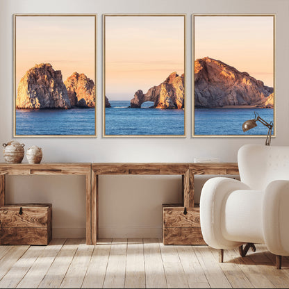 72996116-MGV-CV-36X24-El Arco Wall Art Canvas Print, Framed Cabo Rocks Art Picture Print, Ocean Arch Perfect Golden Coastal Landmark Decor Artwork