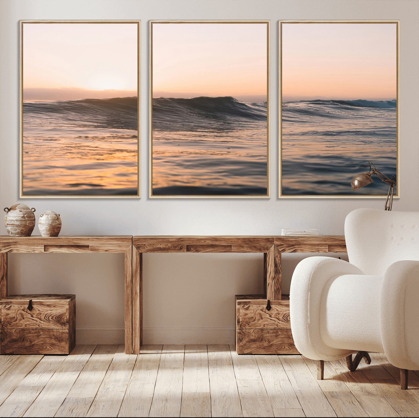 46299358-MGV-CV-36X24-Sunset Waves Wall Art Canvas Print, Framed Ocean Horizon Art Picture Print, Golden Water Perfect Golden Hour Coastal Decor Artwork