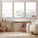 33449548-MGV-CV-36X24-Group Surfers Wall Art Canvas Print, Framed Ocean Wave Art Picture Print, Surf Crowd Perfect Monochrome Surf Decor Artwork