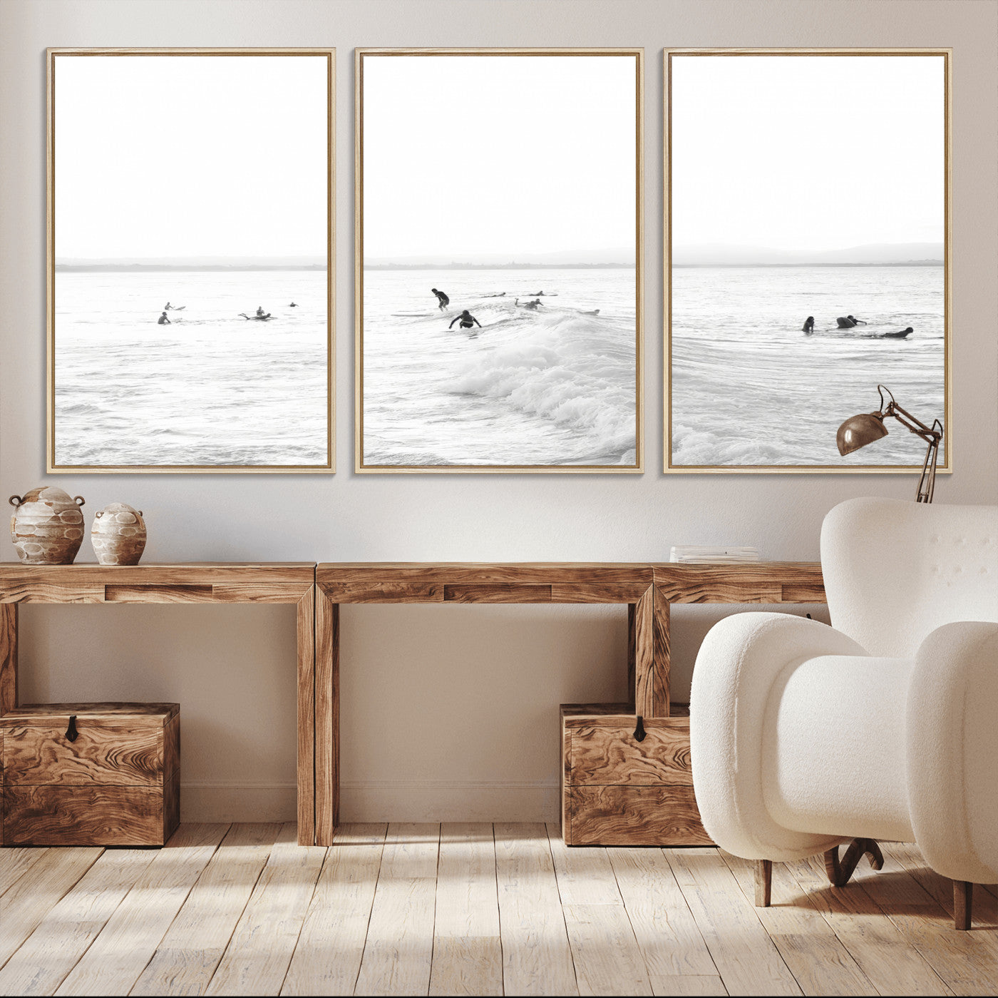 33449548-MGV-CV-36X24-Group Surfers Wall Art Canvas Print, Framed Ocean Wave Art Picture Print, Surf Crowd Perfect Monochrome Surf Decor Artwork