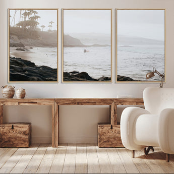 62501405-MGV-CV-36X24-Misty Beach Wall Art Canvas Print, Framed California Surfer Art Picture Print, Coastal Cliff Perfect Coastal Beach Decor Artwork