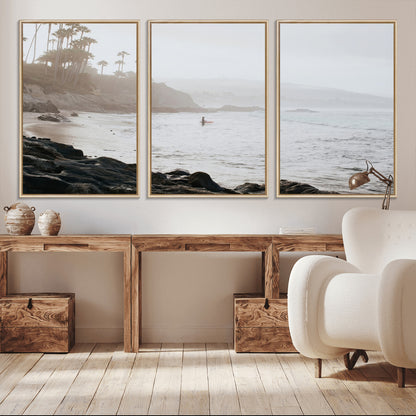 62501405-MGV-CV-36X24-Misty Beach Wall Art Canvas Print, Framed California Surfer Art Picture Print, Coastal Cliff Perfect Coastal Beach Decor Artwork