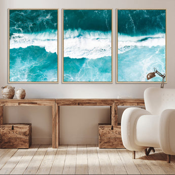 23828594-MGV-CV-36X24-Aerial Waves Wall Art Canvas Print, Framed Ocean Break Art Picture Print, Sea Foam Perfect Tropical Coastal Decor Artwork