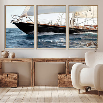 97168626-MGV-CV-36X24-Sailing Yacht Wall Art Canvas Print, Framed Wooden Yacht Art Picture Print, Ocean Waves Perfect Nautical Coastal Decor Artwork