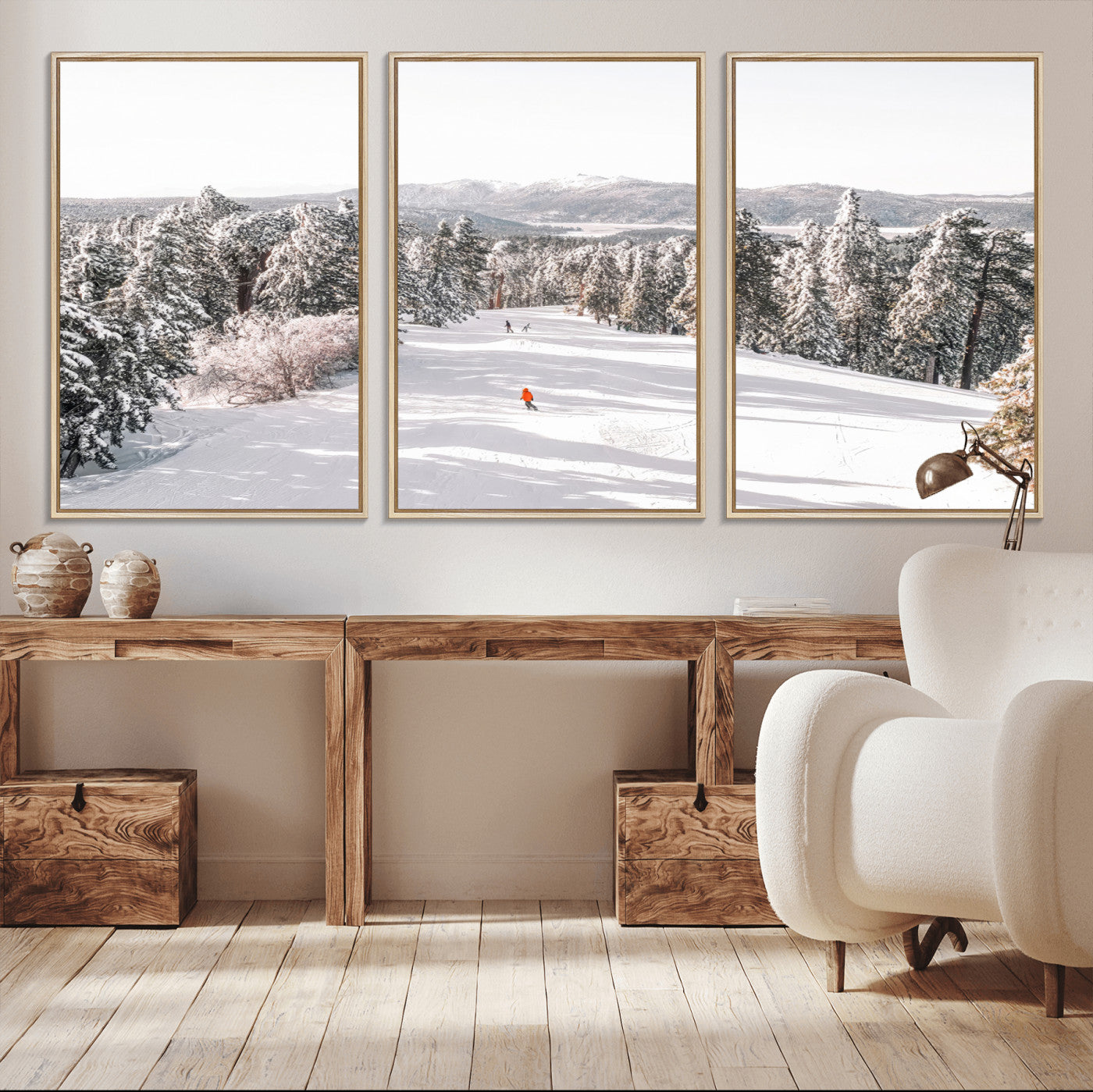 62119206-MGV-FC-60X30-3P_Natural-Snowy Trail Wall Art Canvas Print, Framed Ski Slope Art Picture Print, Winter Pines Perfect Alpine Adventure Decor Artwork