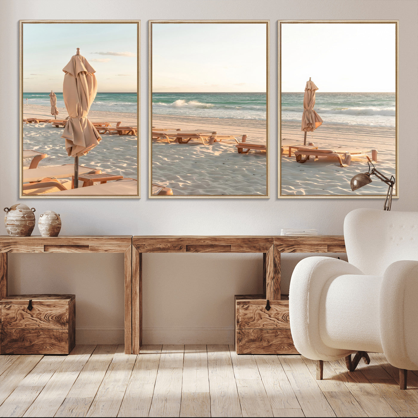 58507949-MGV-CV-36X24-Beach Umbrellas Wall Art Canvas Print, Framed Empty Loungers Art Picture Print, Soft Sand Perfect Minimalist Seaside Decor Artwork