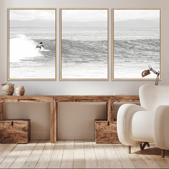 81535128-MGV-CV-36X24-Surfer Woman Wall Art Canvas Print, Framed Black Ocean Art Picture Print, Ocean Surfing Perfect Monochrome Coastal Decor Artwork