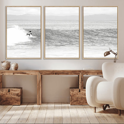 81535128-MGV-CV-36X24-Surfer Woman Wall Art Canvas Print, Framed Black Ocean Art Picture Print, Ocean Surfing Perfect Monochrome Coastal Decor Artwork