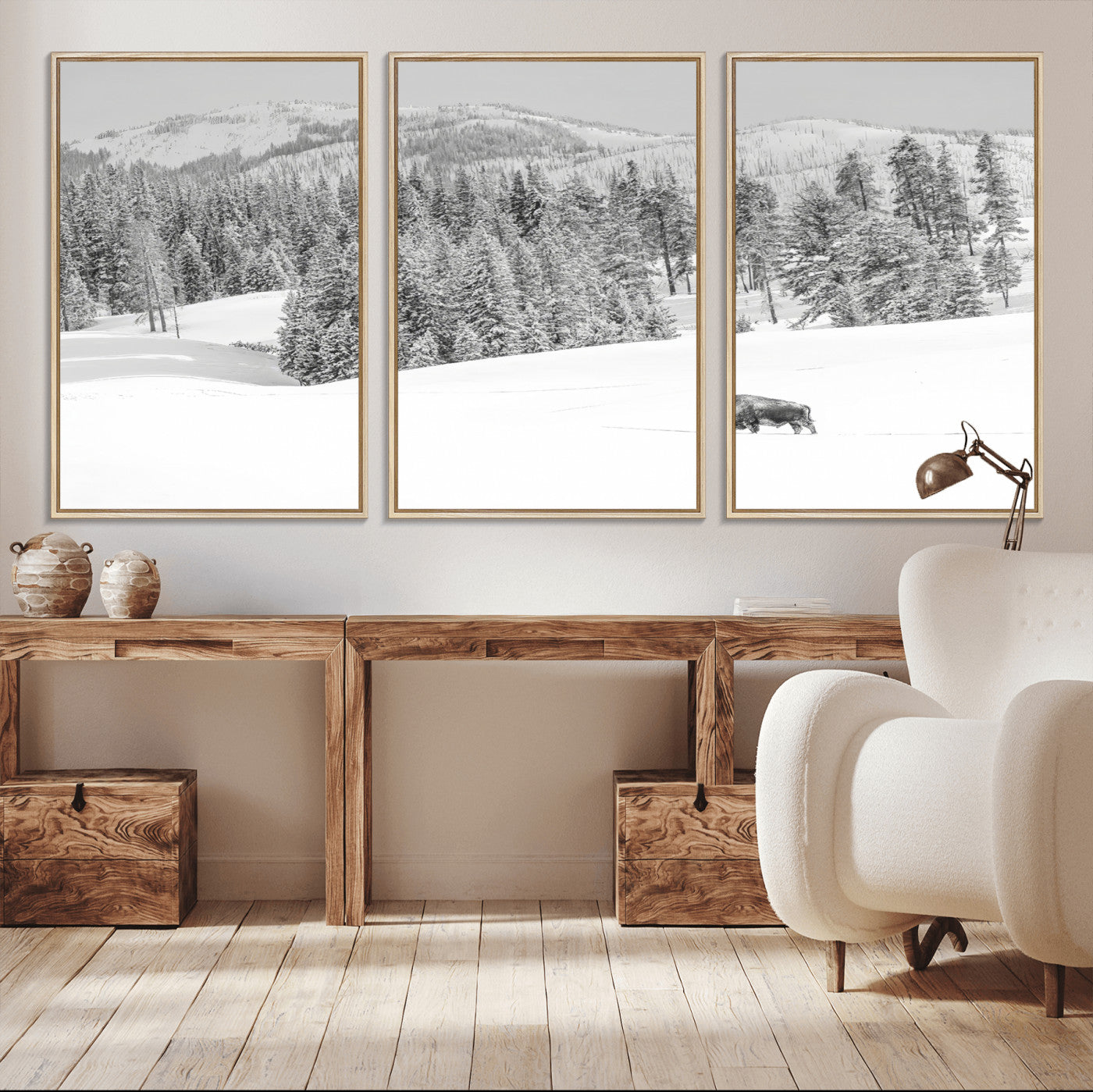 68081143-MGV-CV-36X24-Snowy Bison Wall Art Canvas Print, Framed Winter Forest Art Picture Print, Lone Bison Perfect Monochrome Winter Wild Decor Artwork