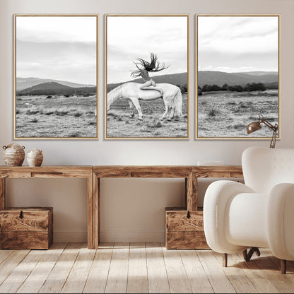 62789800-MGV-CV-36X24-White Horse Wall Art Canvas Print, Framed Woman Rider Art Picture Print, Equestrian Pose Perfect Western Boho Decor Artwork