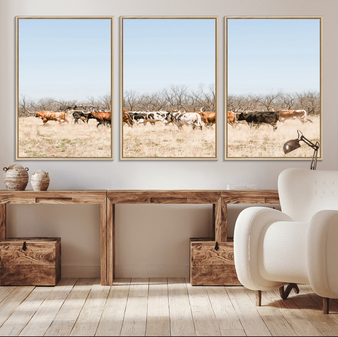 16563092-MGV-CV-36X24-Texas Longhorns Wall Art Canvas Print, Framed Western Cattles Art Picture Print, Rustic Herd Perfect Rustic Farmhouse Decor