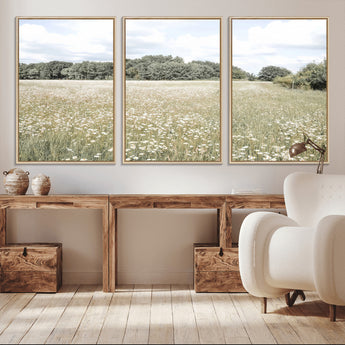 43258946-MGV-CV-36X24-Daisy Field Wall Art Canvas Print, Framed Pastel Flower Art Picture Print, Meadow Bloom Perfect Scandinavian Minimalist Decor