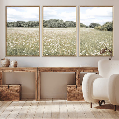 43258946-MGV-CV-36X24-Daisy Field Wall Art Canvas Print, Framed Pastel Flower Art Picture Print, Meadow Bloom Perfect Scandinavian Minimalist Decor