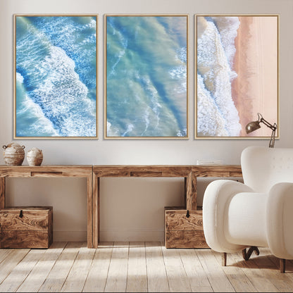 17641845-MGV-CV-36X24-Aerial Ocean Wall Art Canvas Print, Framed Blue Waves Art Picture Print, Sandy Shoreline Perfect Modern Coastal Decor Artwork