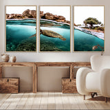 44200301-MGV-CV-36X24-Sea Turtle Swim Wall Art Canvas Print, Framed Ocean Life Art Picture Print, Tropical Shoreline Perfect Tropical Coastal Decor