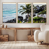 94669907-MGV-CV-36X24-Tropical Coastline Wall Art Canvas Print, Framed Palm Tree Art Picture Print, Rocky Beach Perfect Tropical Coastal Decor Artwork