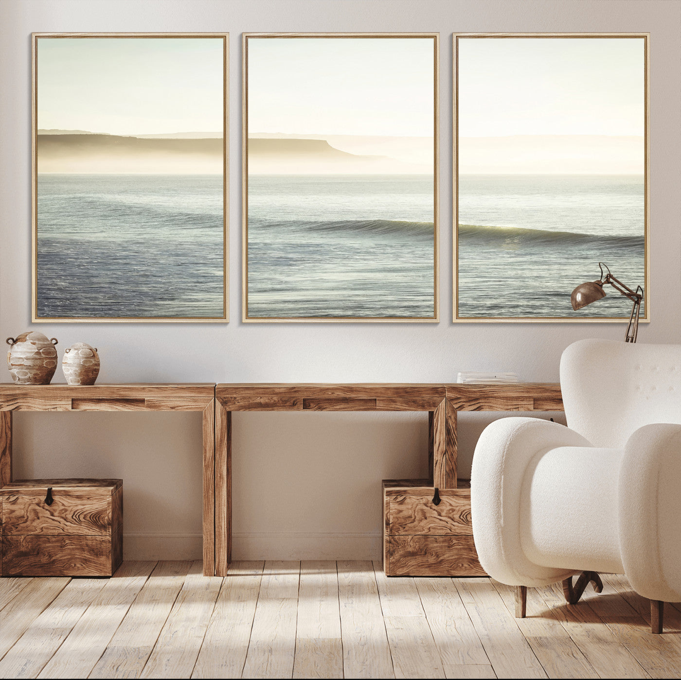 39310633-MGV-FC-60X30-3P_Natural-Coastal Cliffs Wall Art Canvas Print, Framed Misty Ocean Art Picture Print, Morning Light Perfect Minimalistic Coastal Decor