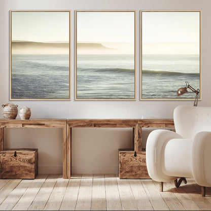 39310633-MGV-FC-60X30-3P_Natural-Coastal Cliffs Wall Art Canvas Print, Framed Misty Ocean Art Picture Print, Morning Light Perfect Minimalistic Coastal Decor