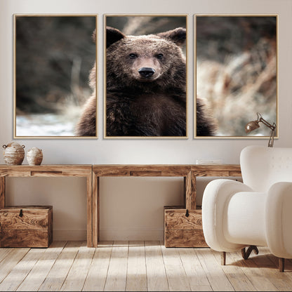 47112103-MGV-CV-36X24-Brown Bear Wall Art Canvas Print, Framed Forest Wildlife Art Picture Print, Woodland Bear Perfect Rustic Cabin Decor Artwork