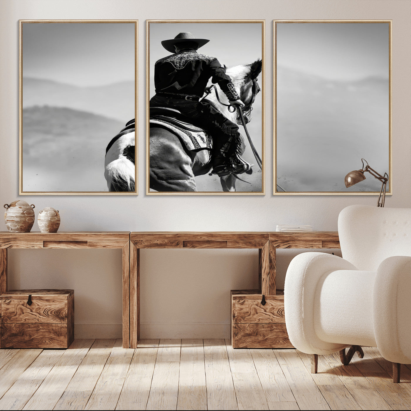 83102464-MGV-CV-36X24-Western Cowboy Wall Art Canvas Print, Framed Monochrome Horse Art Picture Print, Western Equestrian Perfect Rustic Western Decor