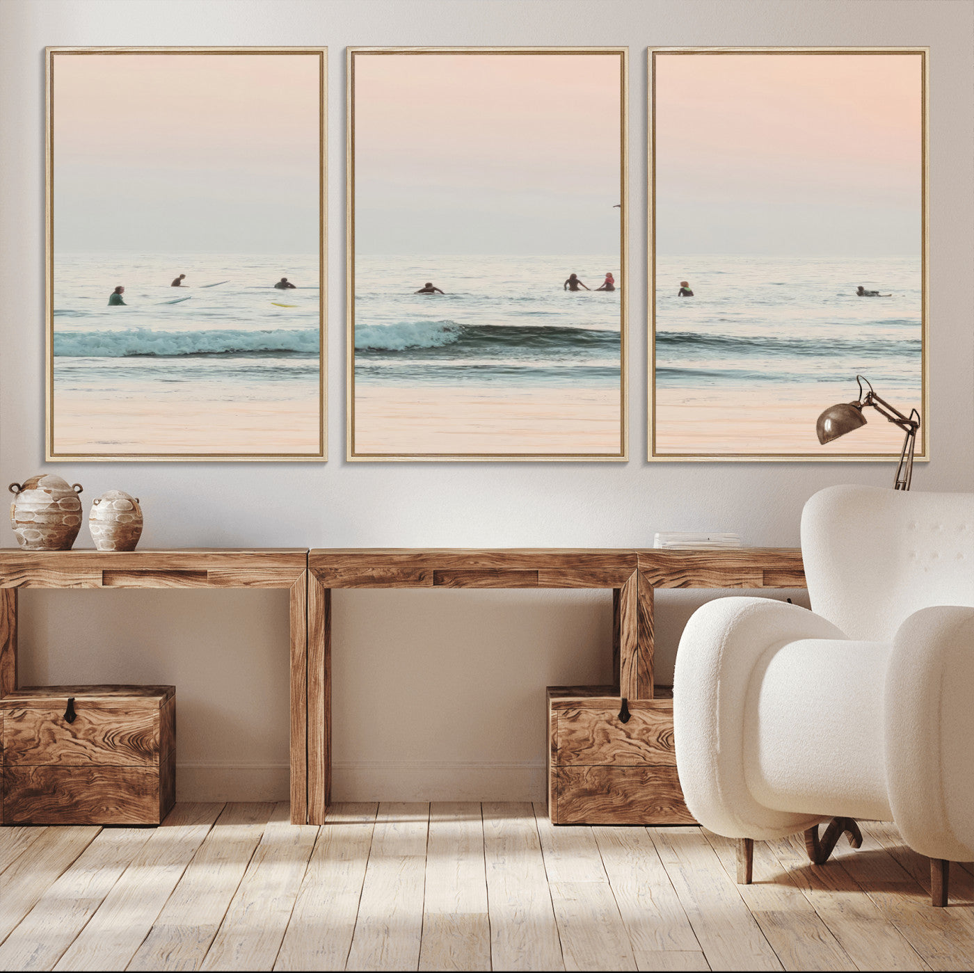 98888919-MGV-FC-60X30-3P_Natural-Pastel Ocean Wall Art Canvas Print, Framed Soft Sunset Swimming Art Picture Print, Calm Sea Horizon Perfect Soft Coastal