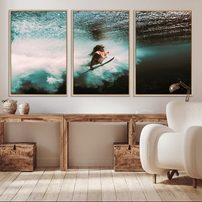 85923512-MGV-CV-36X24-Aquatic Motion Wall Art Canvas Print, Framed Underwater Swimming Art Picture Print, Female Surfer Diving Perfect Coastal Boho