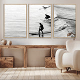 19875284-MGV-CV-36X24-Surfer Waves Wall Art Canvas Print, Framed Black White Surf Art Picture Print, Monochrome Ocean Perfect Modern Coastal Decor