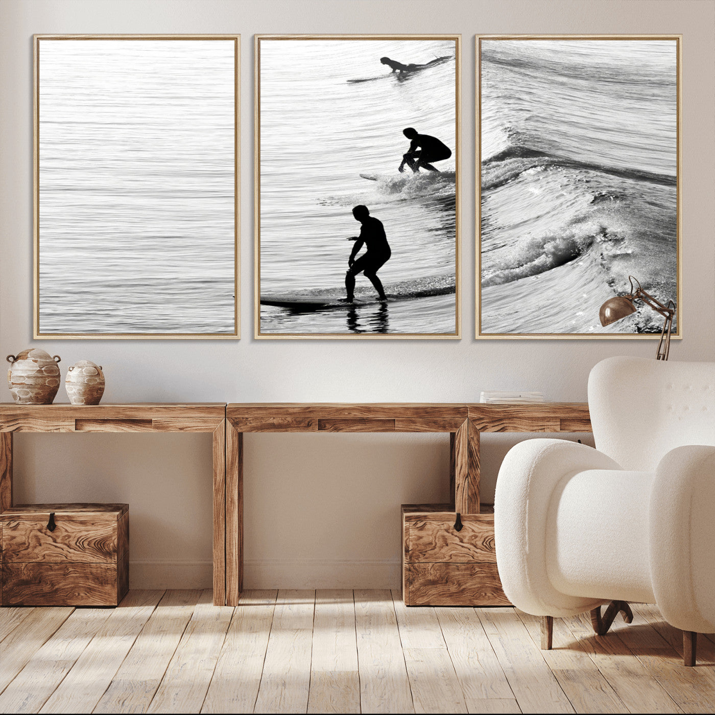 19875284-MGV-CV-36X24-Surfer Waves Wall Art Canvas Print, Framed Black White Surf Art Picture Print, Monochrome Ocean Perfect Modern Coastal Decor