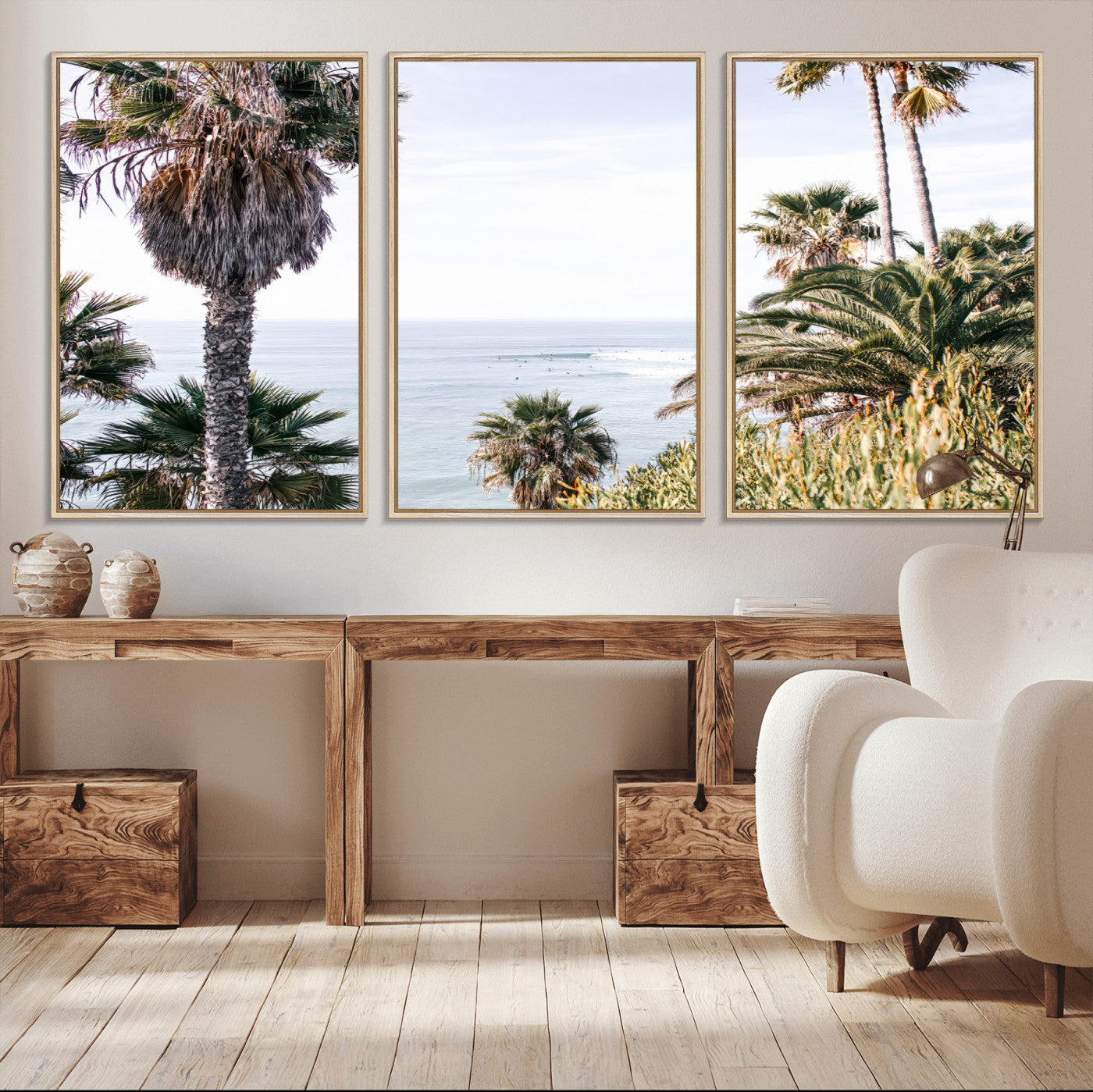 51404565-MGV-FC-60X30-3P_Natural-Palm Trees Wall Art Canvas Print, Framed Ocean Breeze Art Picture Print, Coastal View Perfect Tropical Coastal Decor Artwork