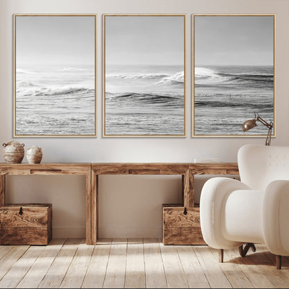 98634812-MGV-CV-36X24-Black and White Ocean Waves Wall Art – Minimalist Sea Canvas Print, Coastal Photography Decor for Living Room, Bedroom or Office