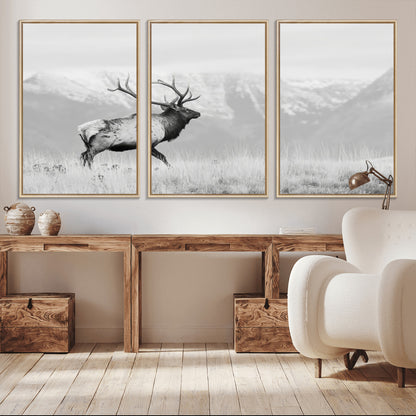 62278753-MGV-CV-36X24-Monochrome Elk Wall Art Canvas Print, Framed Mountain Wildlife Art Picture Print, Rustic Nature Perfect Rustic Minimalist Decor