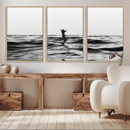 69541918-MGV-CV-36X24-Black White Ocean Wall Art Canvas Print, Framed Moody Seascape Art Picture Print, Surfer Sign Perfect Moody Minimalist Decor