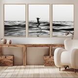 69541918-MGV-CV-36X24-Black White Ocean Wall Art Canvas Print, Framed Moody Seascape Art Picture Print, Surfer Sign Perfect Moody Minimalist Decor