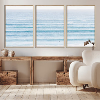 77145995-MGV-CV-36X24-Ocean Simplicity Wall Art Canvas Print, Framed Surfer on Water Art Picture Print, Light Blue Perfect Coastal Minimalist Decor