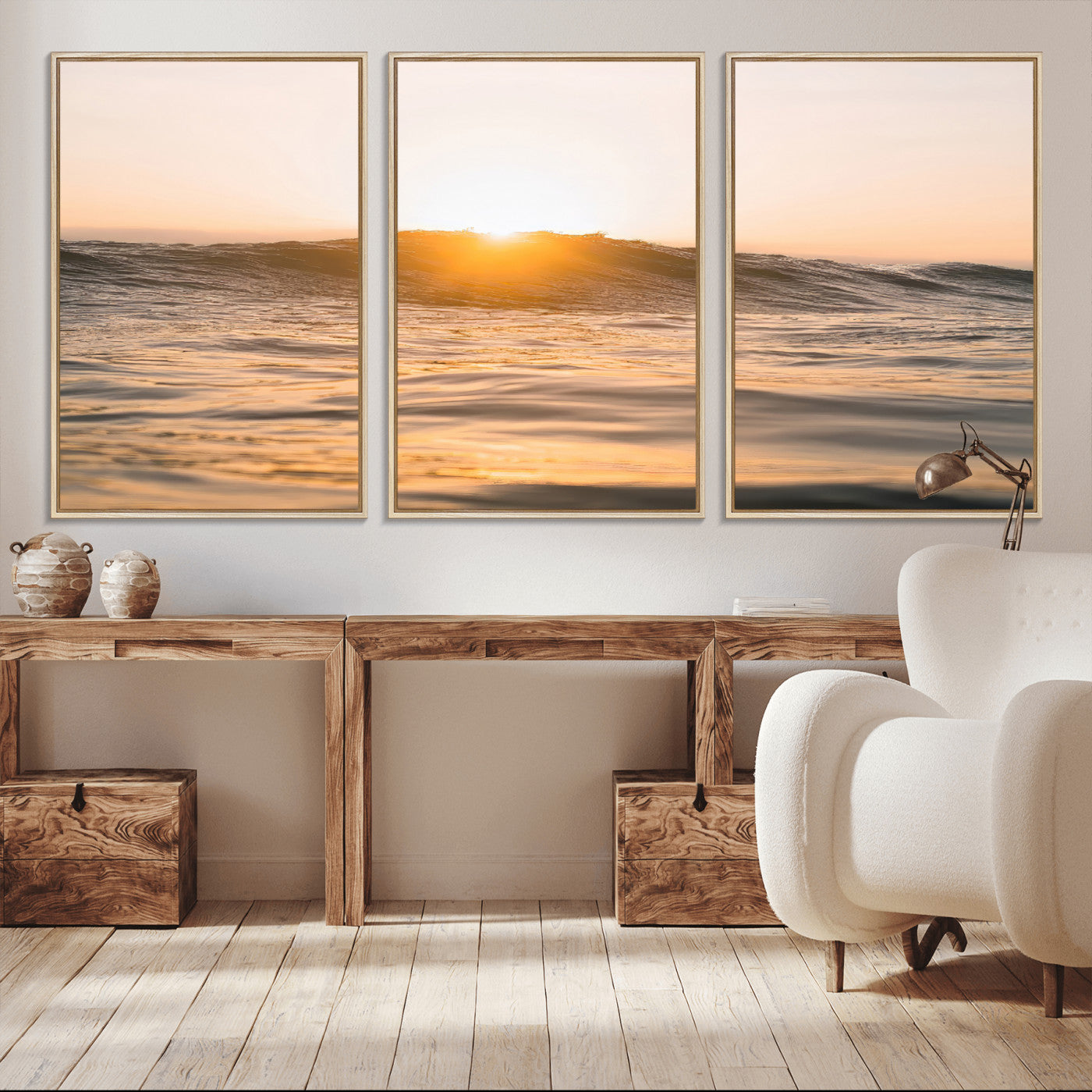16973771-MGV-CV-36X24-Calm Water Wall Art Canvas Print, Framed Sunset Waves Art Picture Print, Coastal Warmth Perfect Warm Minimalist Decor Artwork