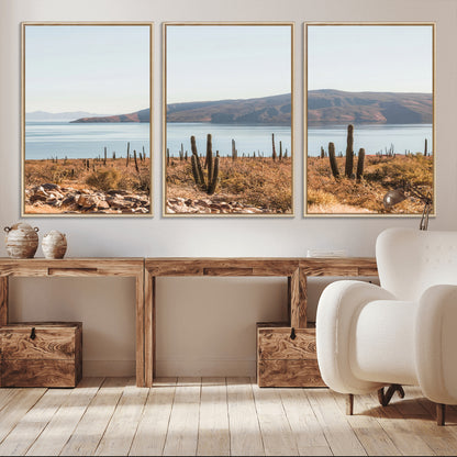45193515-MGV-FC-60X30-3P_Natural-Desert Cactus Wall Art Canvas Print, Framed Baja Coastline Art Picture Print, Coastal Desert Perfect Southwestern Minimalist Decor