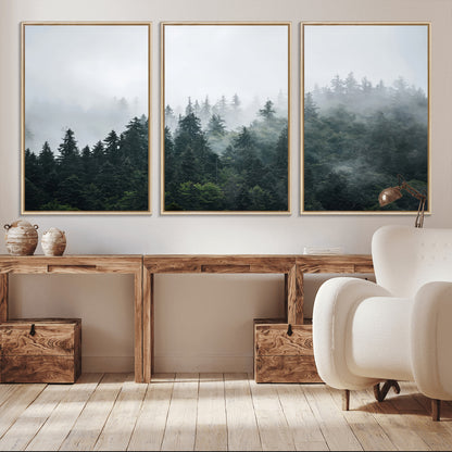 84146572-MGV-CV-36X24-Foggy Pine Trees Wall Art Canvas Print, Framed Forest Nature Art Picture Print, Evergreen Forest Perfect Scandinavian Minimalist