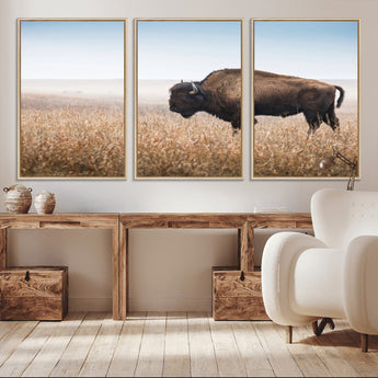 99620201-MGV-CV-36X24-Wild Bison Wall Art Canvas Print, Framed Bison in Prairie Art Picture Print, Rustic Western Perfect Rustic Western Decor Artwork