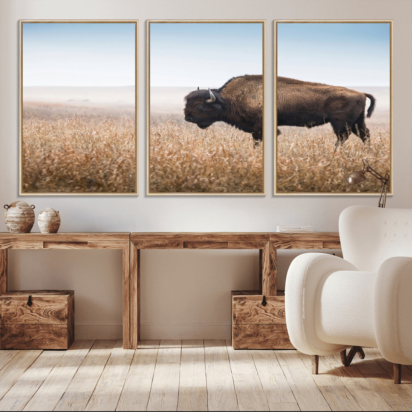 99620201-MGV-CV-36X24-Wild Bison Wall Art Canvas Print, Framed Bison in Prairie Art Picture Print, Rustic Western Perfect Rustic Western Decor Artwork