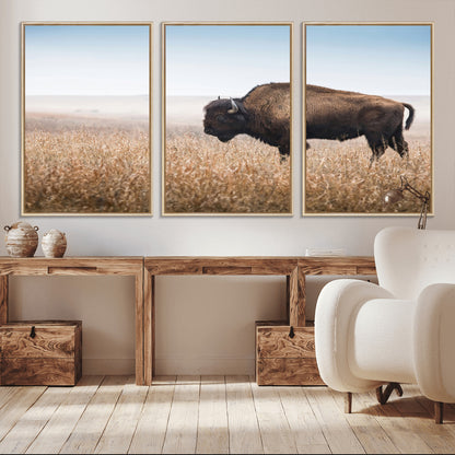 99620201-MGV-CV-36X24-Wild Bison Wall Art Canvas Print, Framed Bison in Prairie Art Picture Print, Rustic Western Perfect Rustic Western Decor Artwork