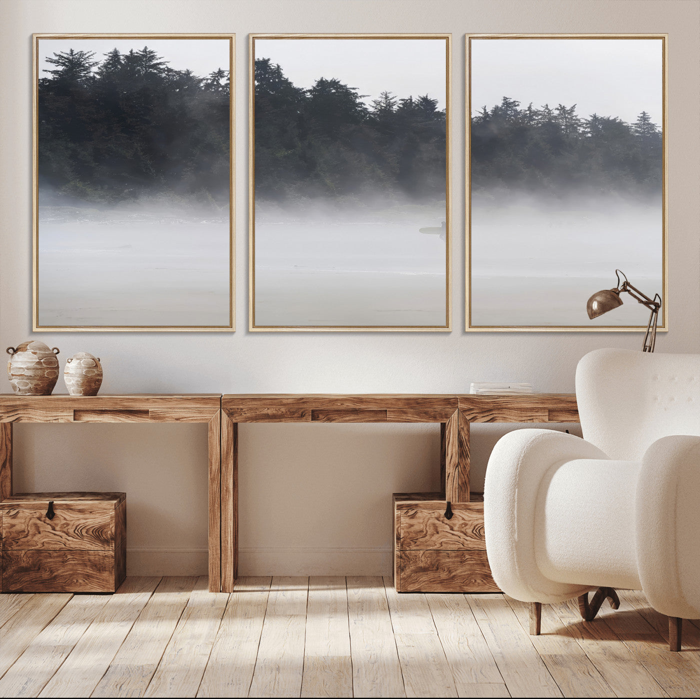 59703275-MGV-CV-36X24-Surfer in Fog Wall Art Canvas Print, Framed Foggy Beach Art Picture Print, Coastal Surf Perfect Moody Coastal Decor Artwork