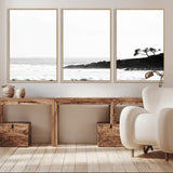 40875891-MGV-CV-36X24-SurferCliffs Wall Art Canvas Print, Framed Black White Beach Art Picture Print, Ocean Waves Perfect Minimalist Coastal Decor