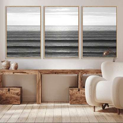 47305203-MGV-CV-36X24-Monochrome Ocean Wall Art Canvas Print, Framed Moody Ocean Art Picture Print, Calm Ocean Perfect Minimalist Coastal Decor Artwork