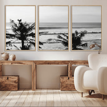 17508038-MGV-CV-36X24-Tropical Coastline Wall Art Canvas Print, Framed Palm Trees Art Picture Print, Ocean Waves Perfect Minimalist Coastal Decor