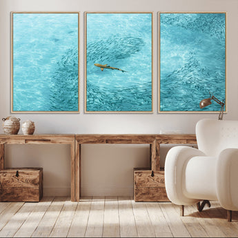 43671474-MGV-FC-60X30-3P_Natural-Fish Swarm Wall Art Canvas Print, Framed Marine Life Art Picture Print, Shark Aerial Perfect Wildlife Coastal Decor Artwork