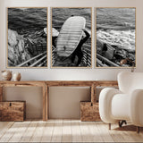 32353707-MGV-CV-36X24-Black White Surfing Wall Art Canvas Print, Framed Coastal Surfing Art Picture Print, Wave Riders Perfect Coastal Adventure Decor