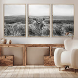 24051061-MGV-CV-36X24-Monochrome Highland Cow Wall Art Canvas Print, Framed Scottish Bull Art Picture Print, Lone Cattle Perfect Rustic Farmhouse Decor