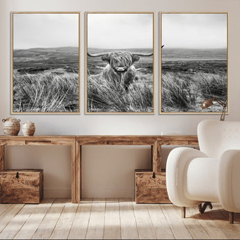 24051061-MGV-CV-36X24-Monochrome Highland Cow Wall Art Canvas Print, Framed Scottish Bull Art Picture Print, Lone Cattle Perfect Rustic Farmhouse Decor