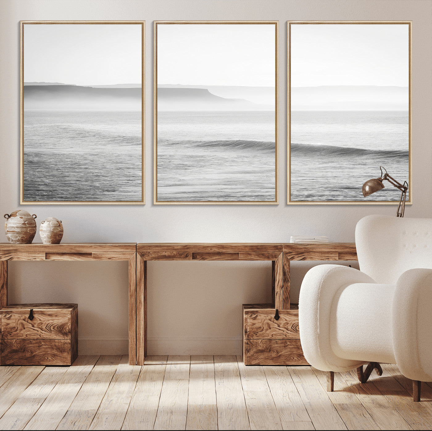 60635783-MGV-CV-36X24-Black White Seascape Wall Art Canvas Print, Framed Ocean Waves Art Picture Print, Misty Coastal Perfect Minimalist Coastal Decor