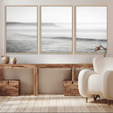 60635783-MGV-FC-60X30-3P_Natural-Black White Seascape Wall Art Canvas Print, Framed Ocean Waves Art Picture Print, Misty Coastal Perfect Minimalist Coastal Decor